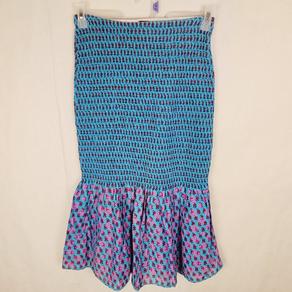 J.Crew smocked Monaco Blue Iris Size 4 midi skirt mermaid prairie boho
